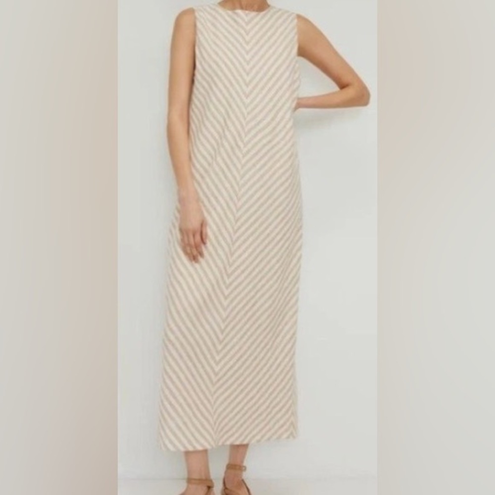 BNWT Everlane Linen Bias Cut Dress Caramel/Bone Stripe - size 6